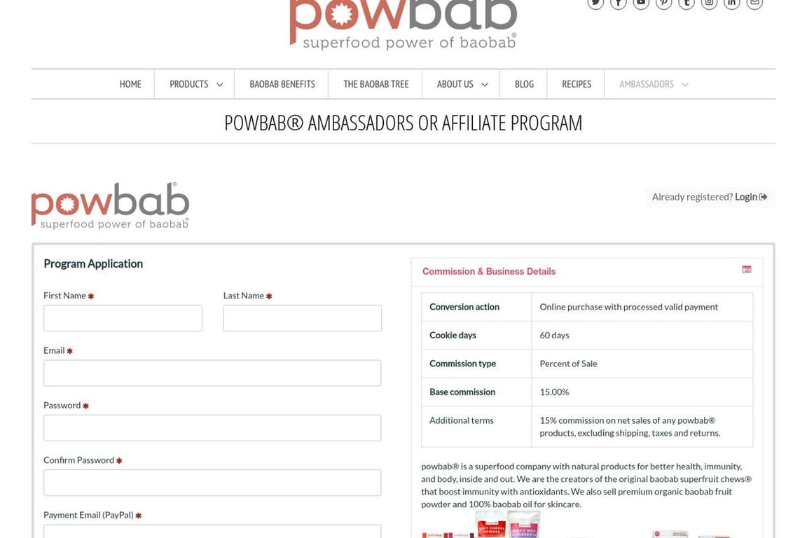Powbab affiliate program signup page