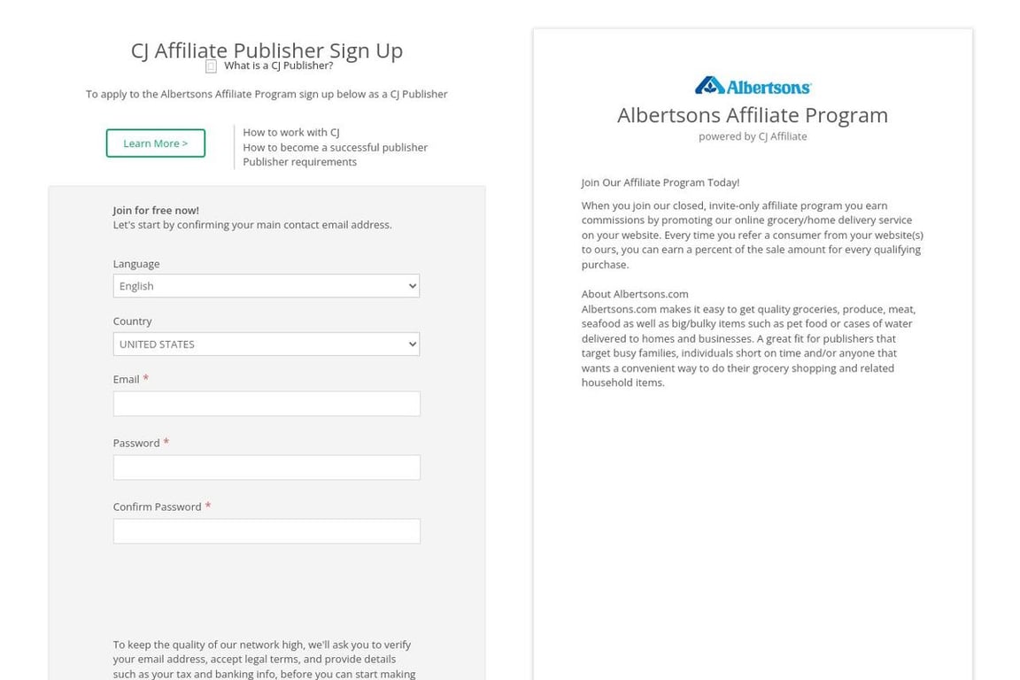 Albertsons affiliate program signup page