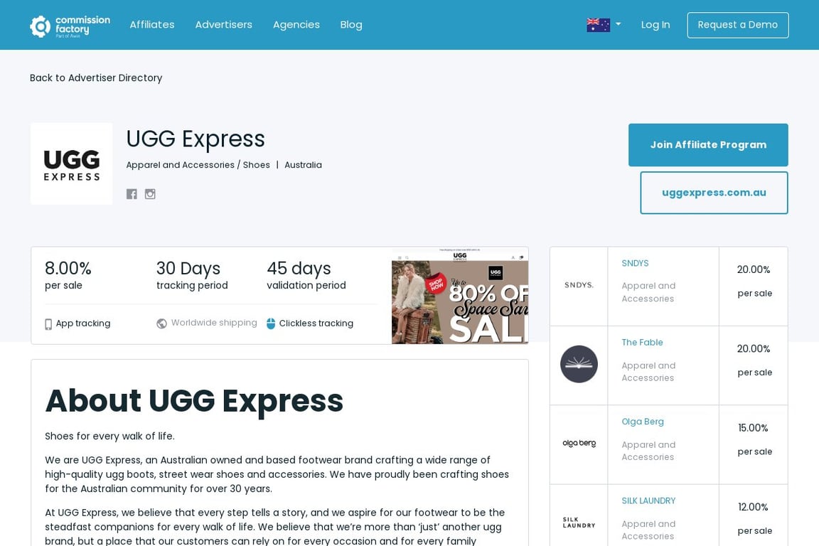 Ugg Express AU affiliate program signup page
