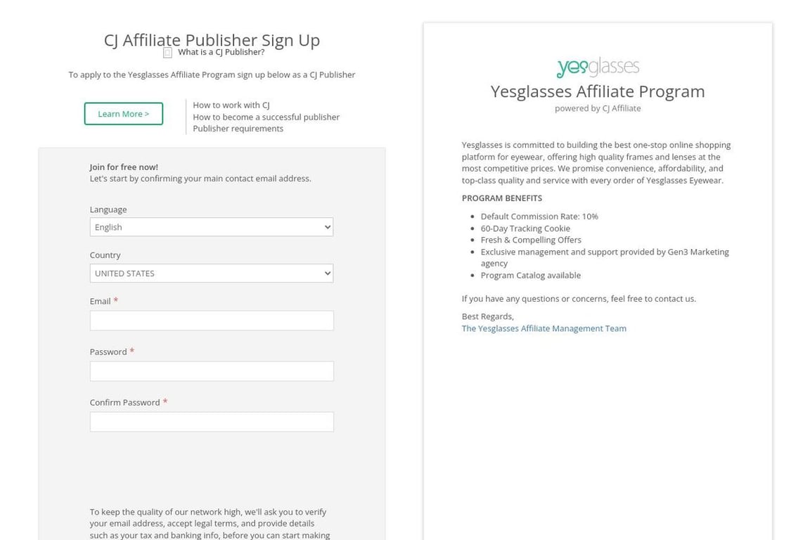 Yesglasses affiliate program signup page