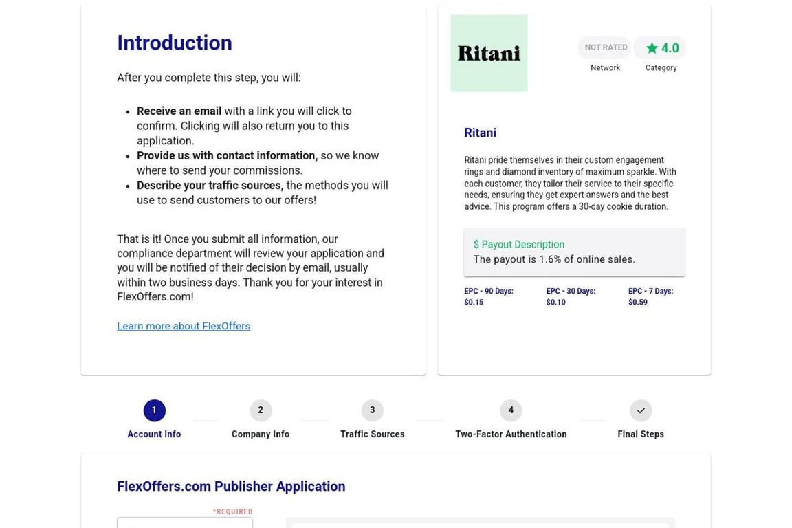 Ritani affiliate program signup page