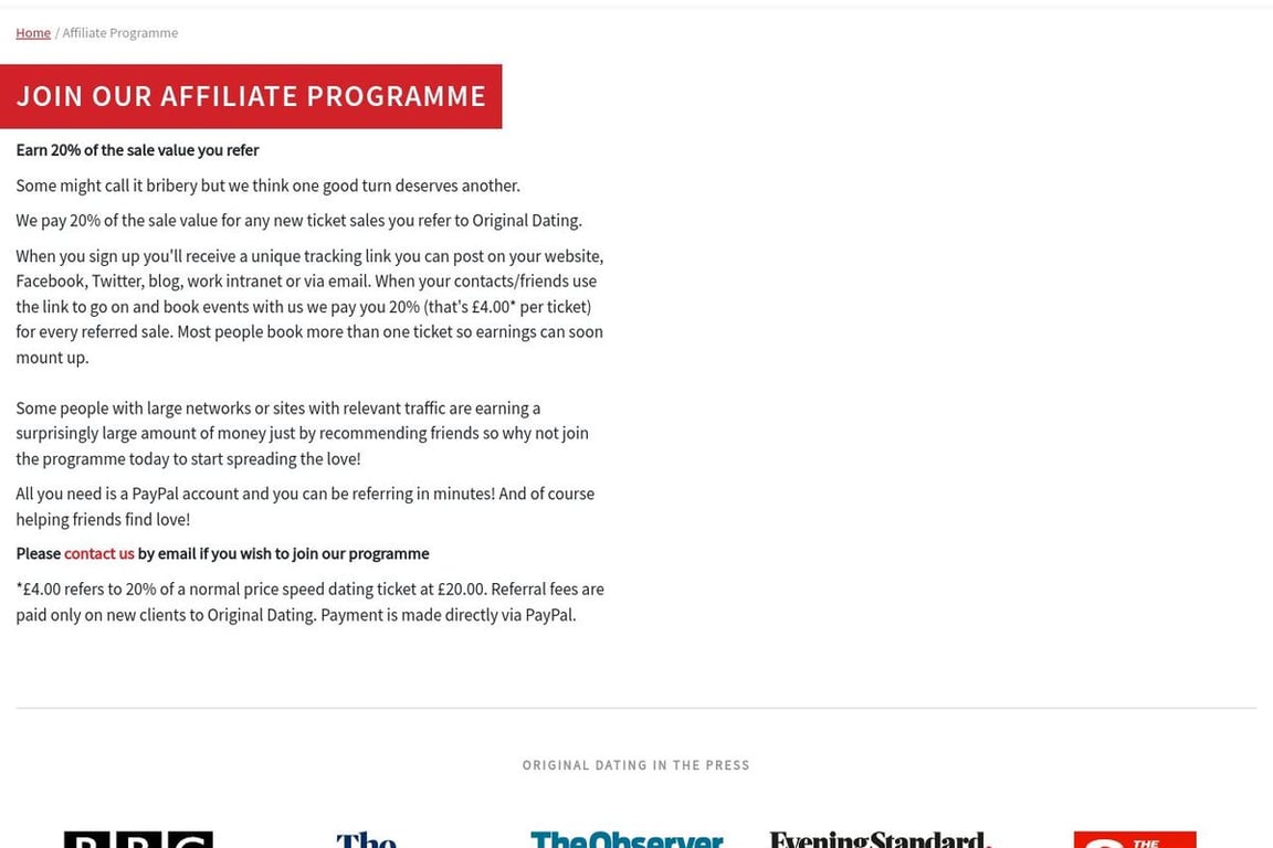 Original Dating affiliate program signup page