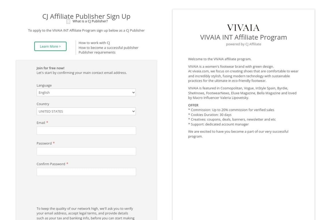 Vivaia INT affiliate program signup page