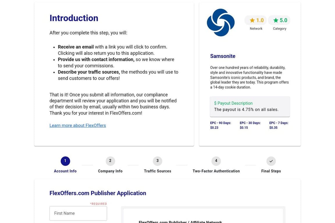 Samsonite affiliate program signup page