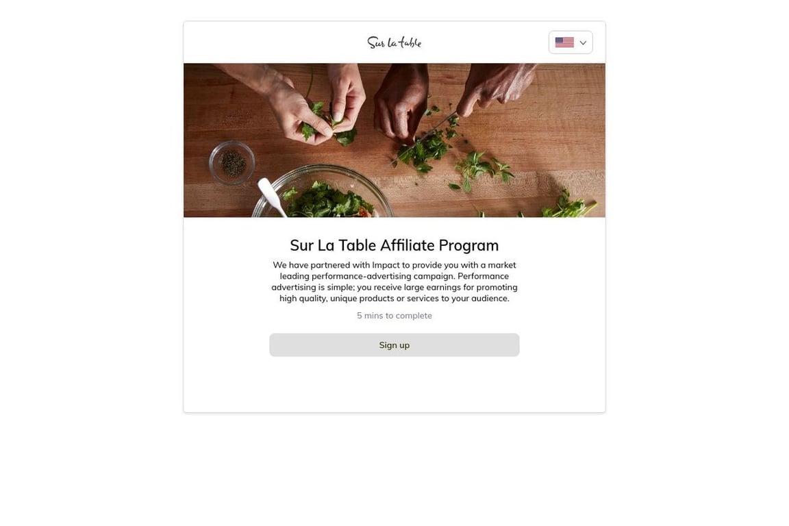 Sur La Table Preferred affiliate program signup page