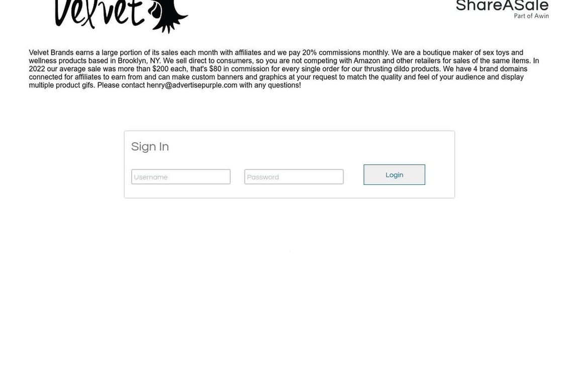 Velvet Co affiliate program signup page