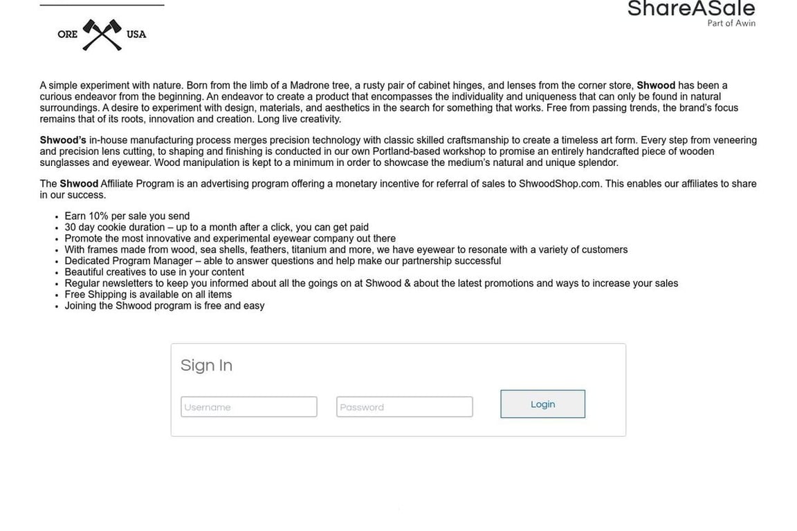 Shwood affiliate program signup page