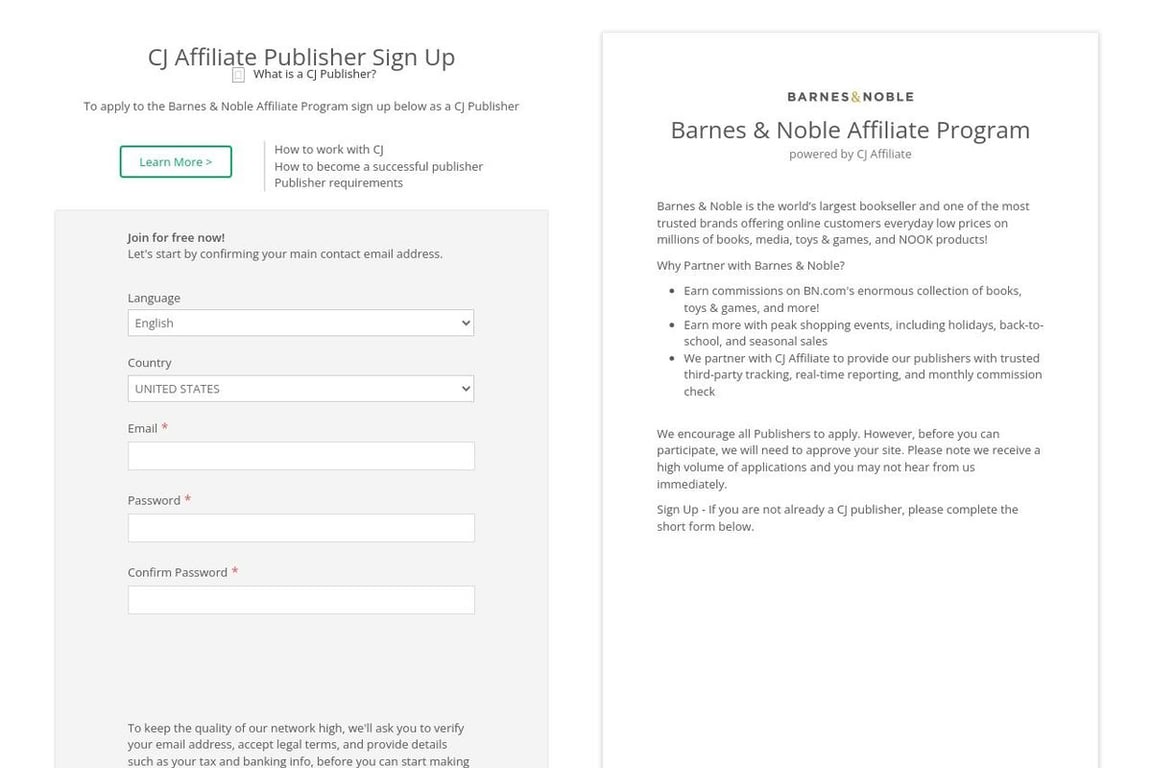 Barnes & Noble affiliate program signup page