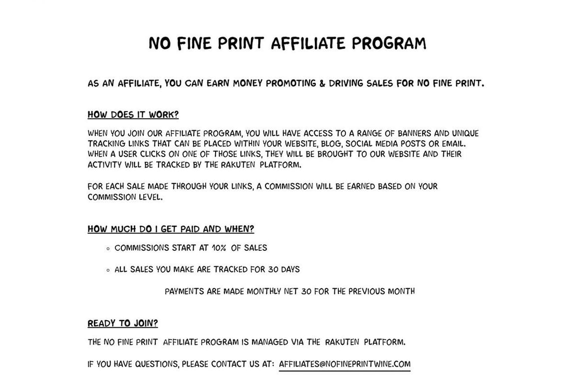No Fine Print Wine affiliate program signup page