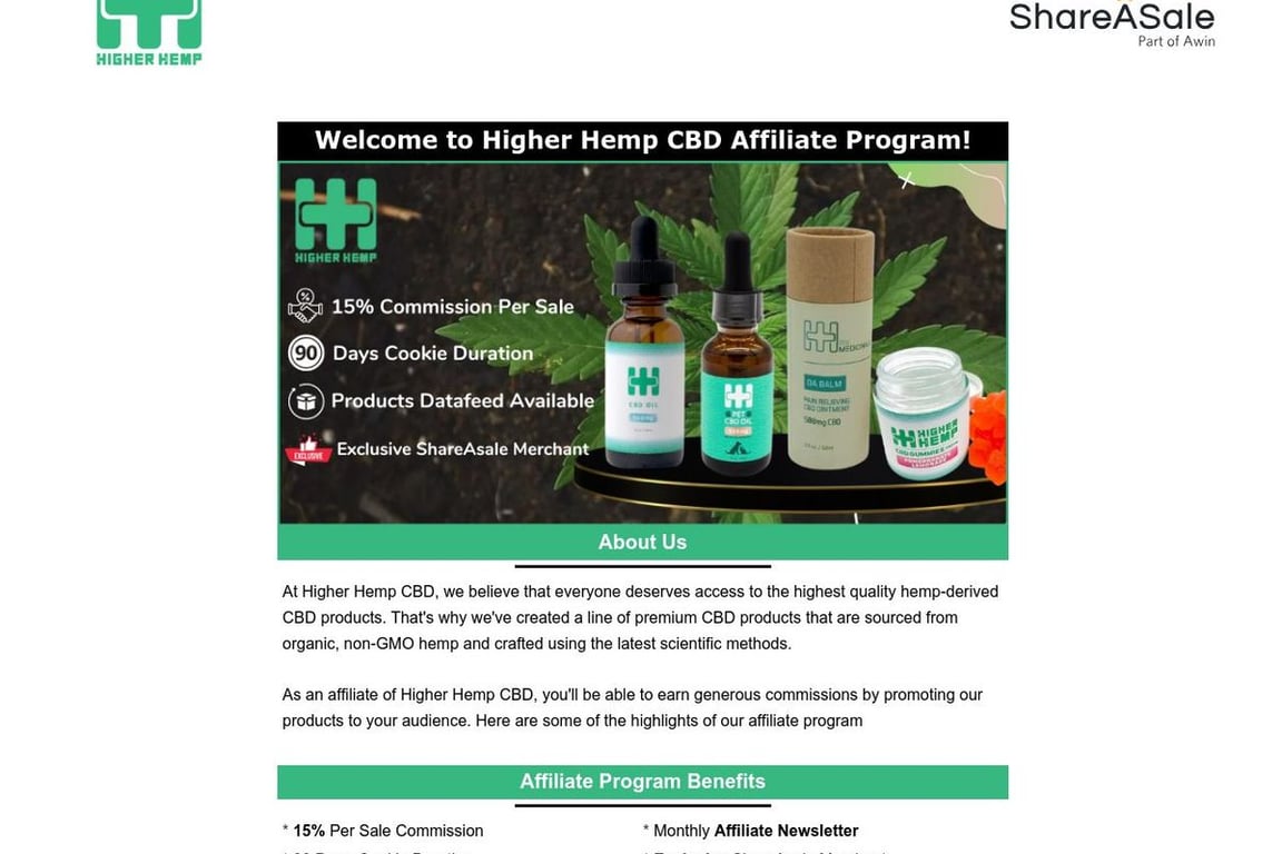 Higherhempcbd.com affiliate program signup page