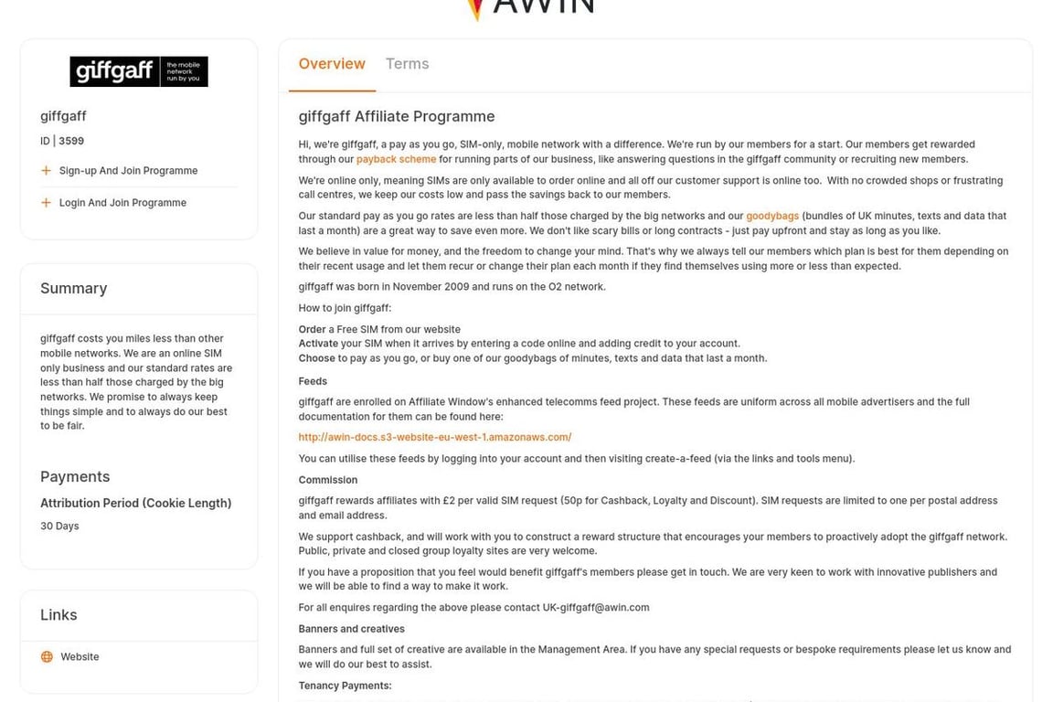 Giffgaff affiliate program signup page