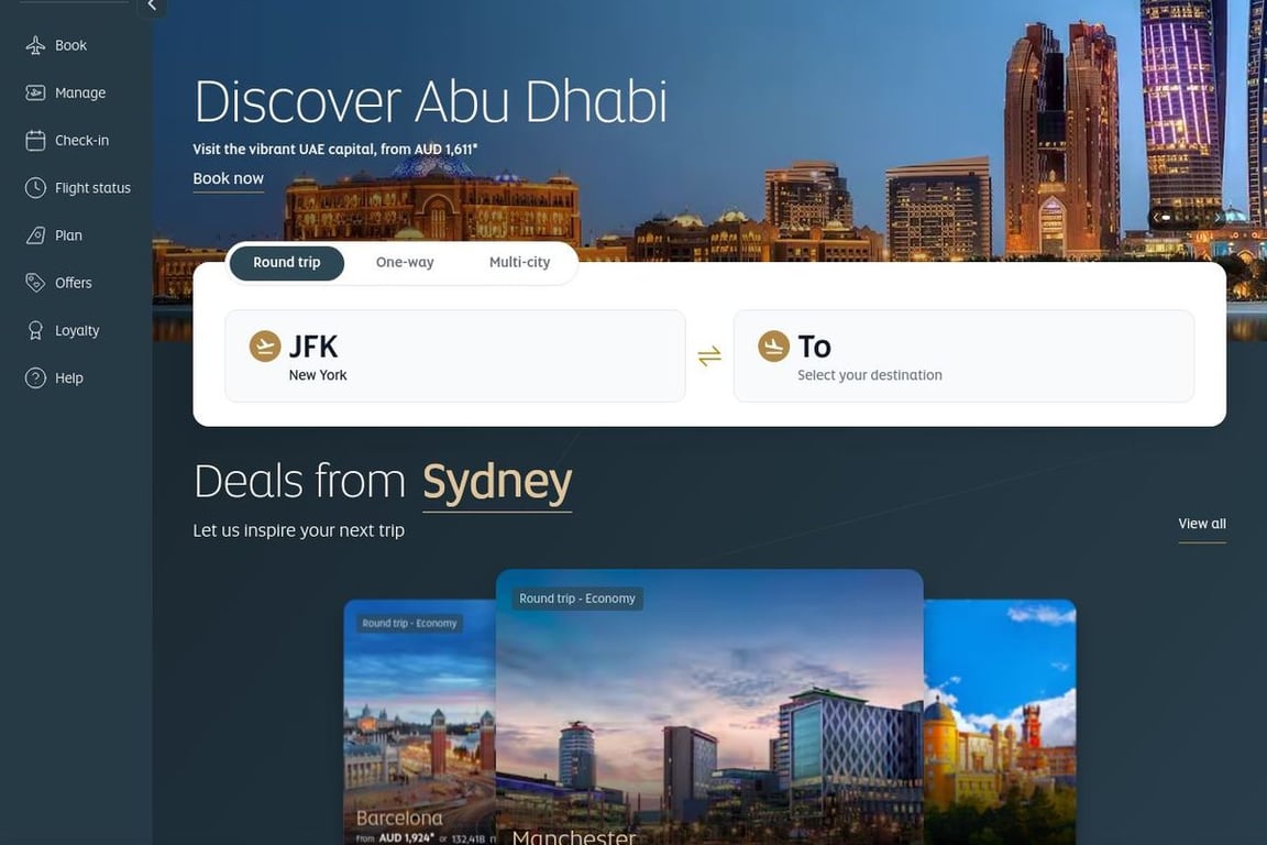 Etihad Airways US homepage