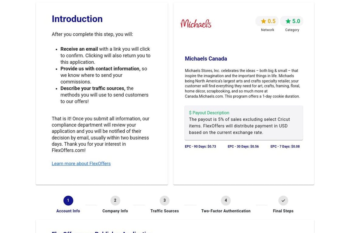 Michaels Canada affiliate program signup page