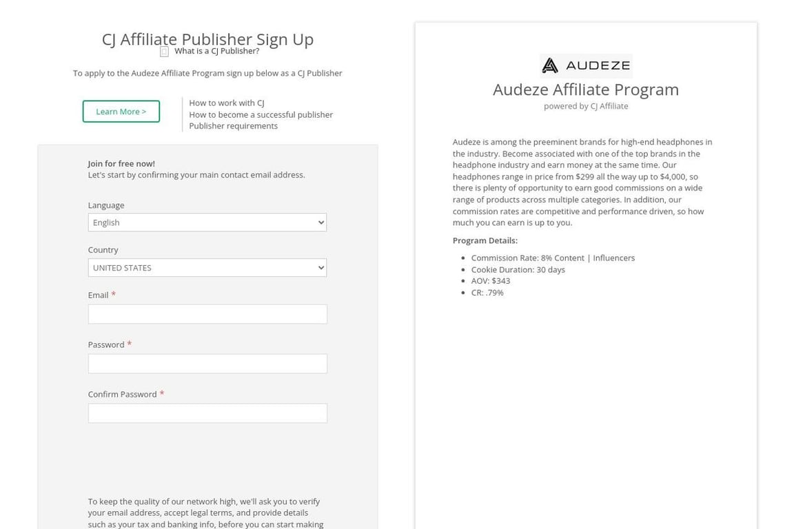 Audeze Preferred affiliate program signup page