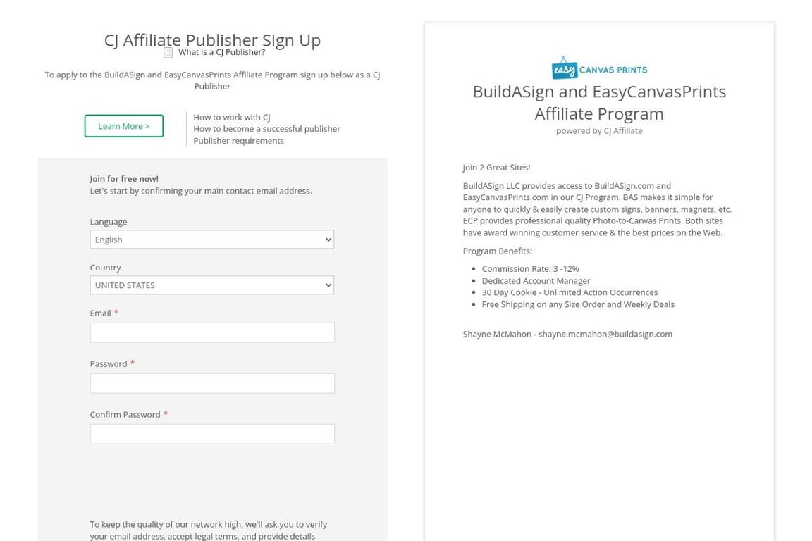 BuildASign and EasyCanvasPrints affiliate program signup page