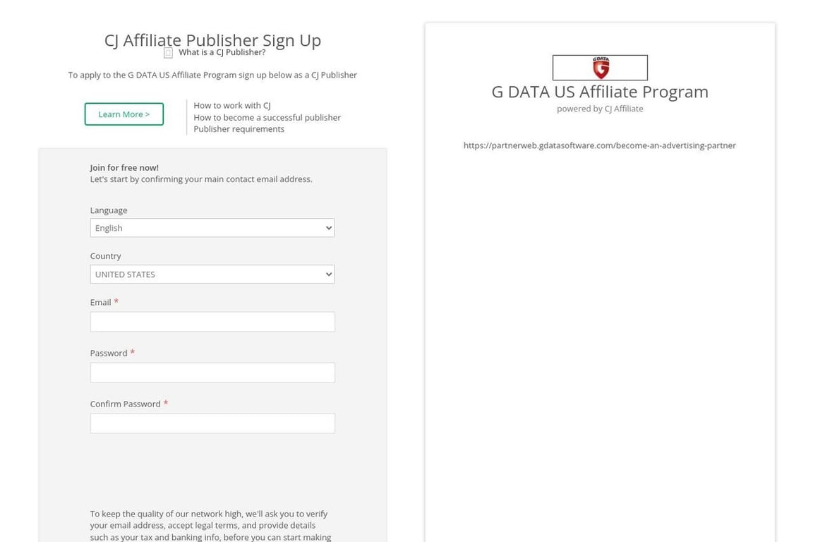 G DATA Software, Inc. affiliate program signup page