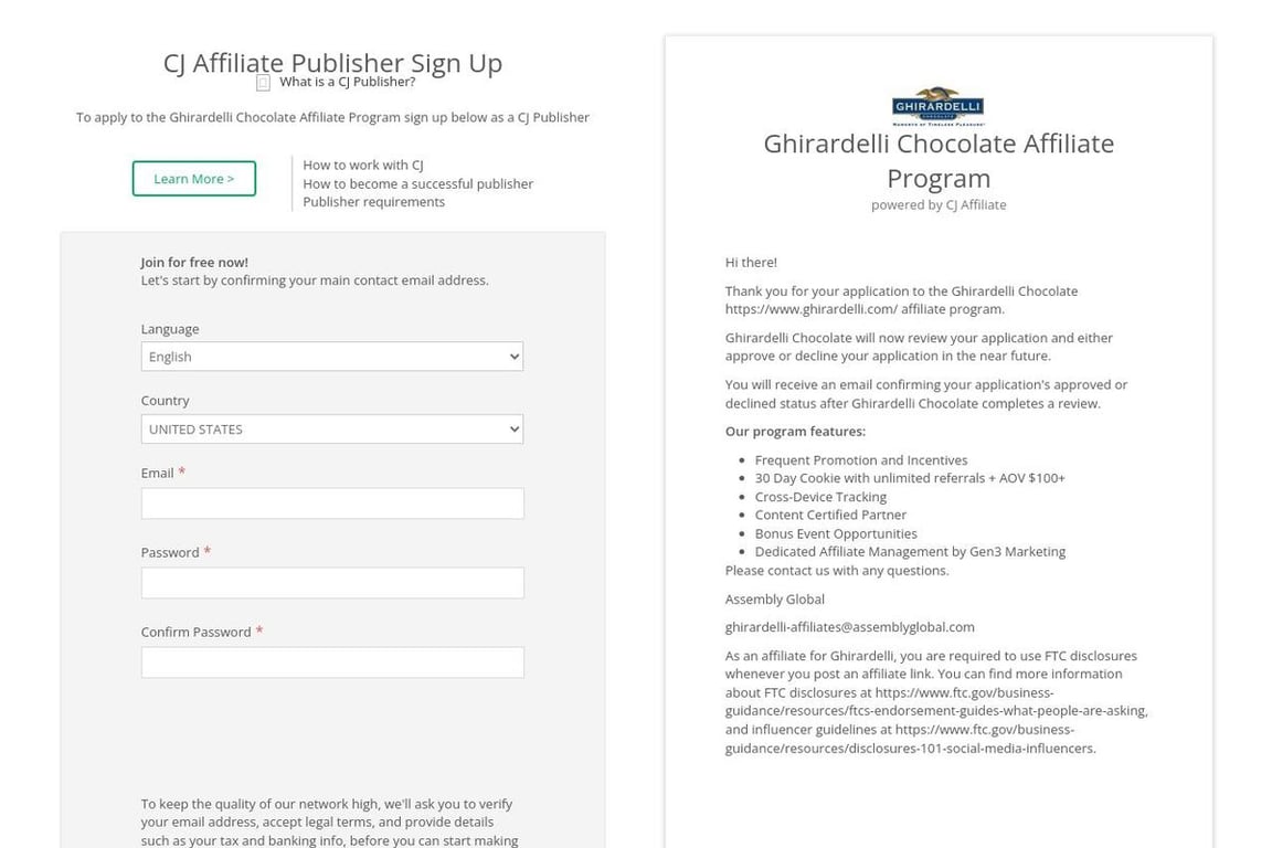Ghirardelli Chocolate affiliate program signup page