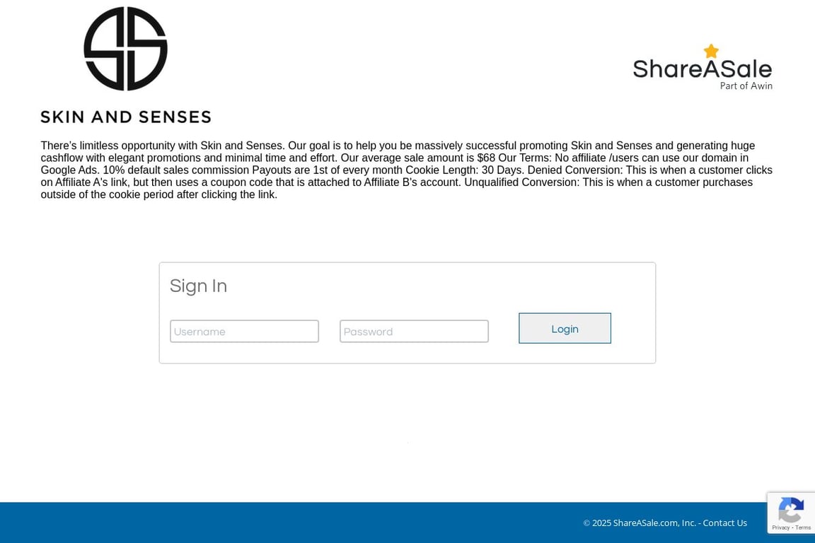 Skin And Senses affiliate program signup page