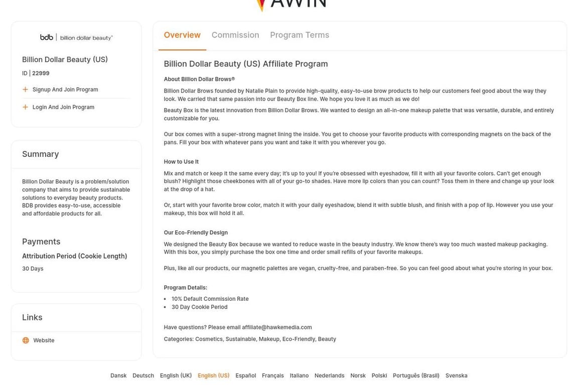 Billion Dollar Beauty (US) affiliate program signup page