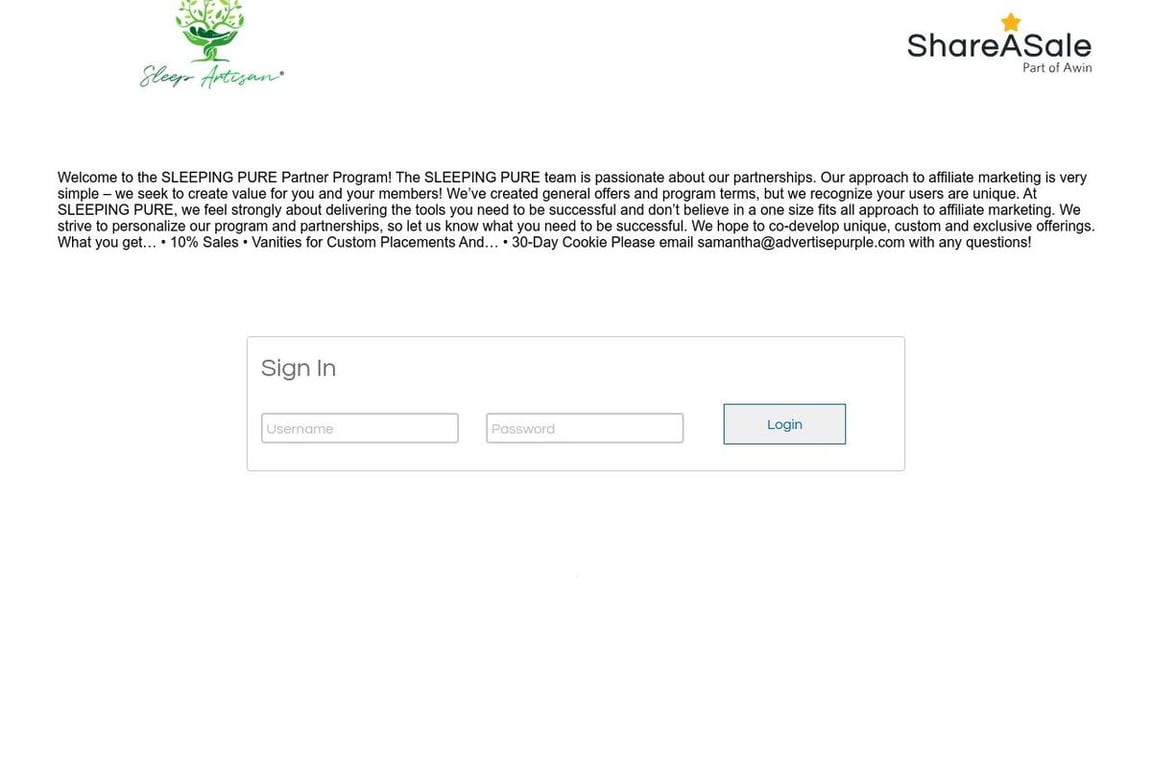 Sleeping Pure affiliate program signup page
