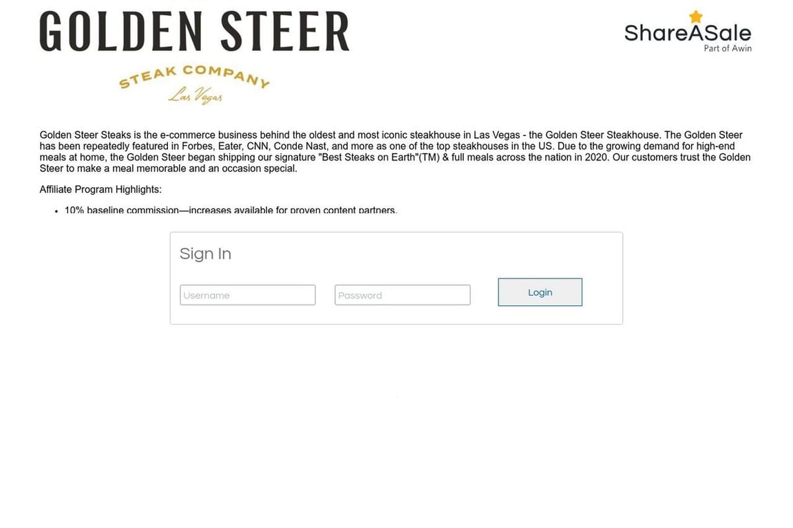 Golden Steer Steak Company affiliate program signup page
