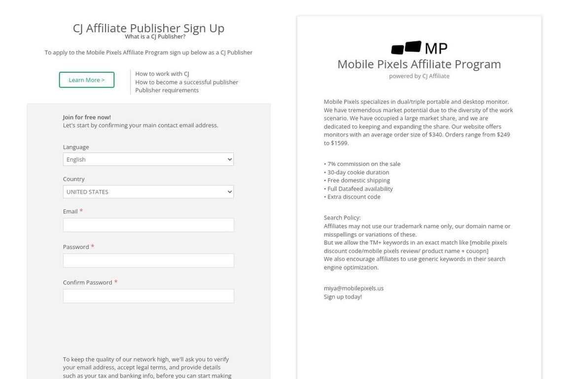 Mobile Pixels affiliate program signup page