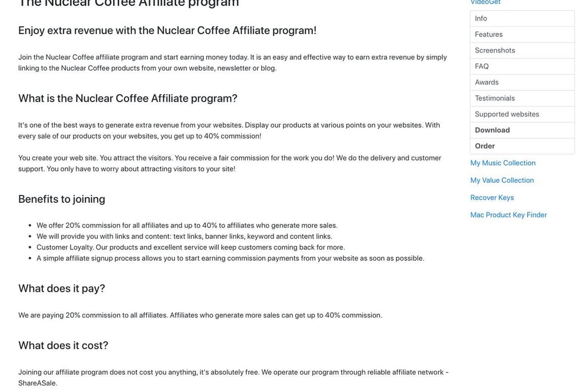 Nuclear Coffee affiliate program signup page
