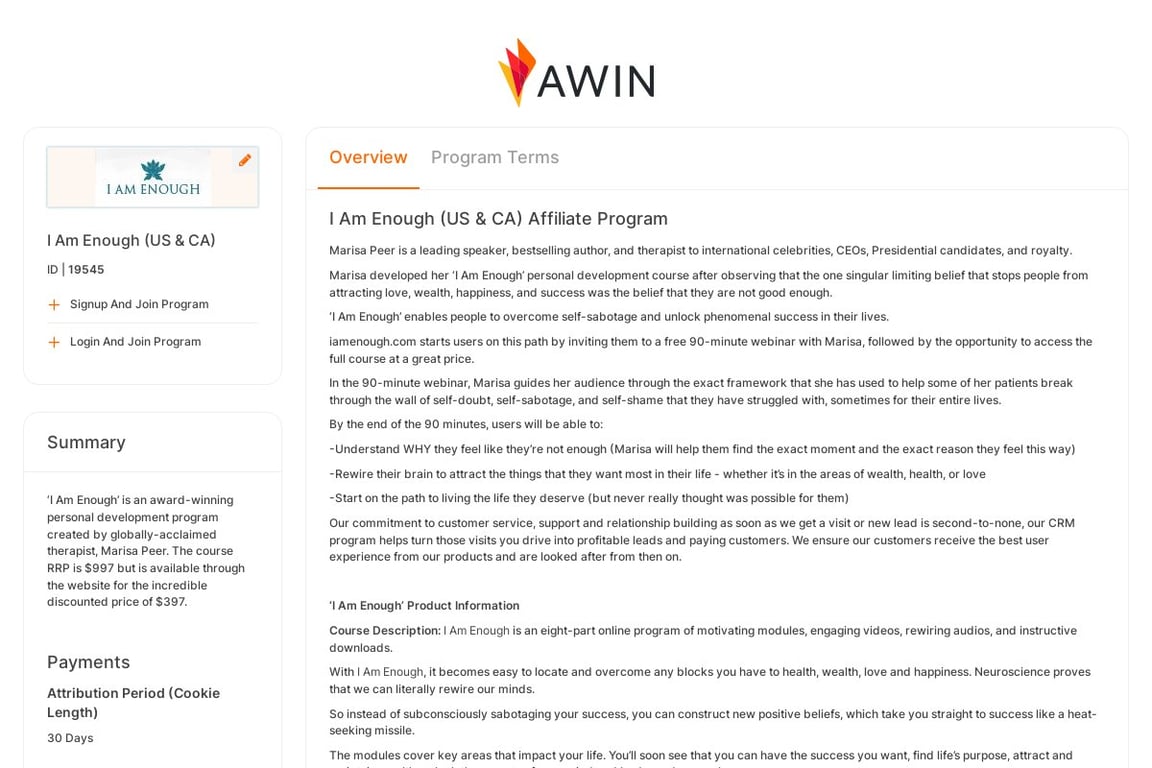 I Am Enough affiliate program signup page