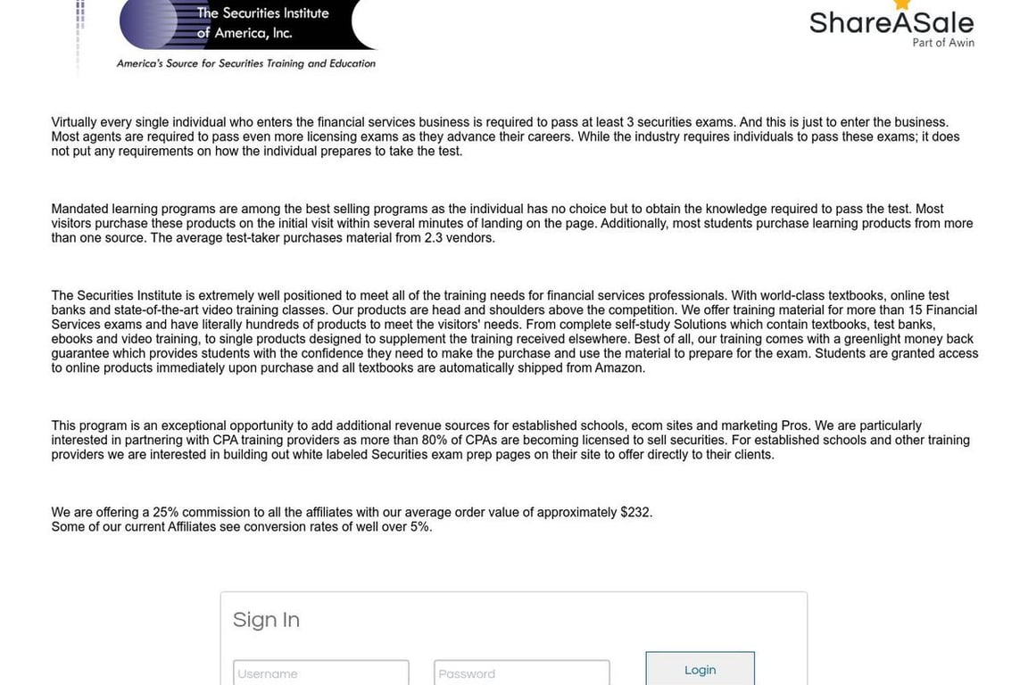 The Securities Institute affiliate program signup page