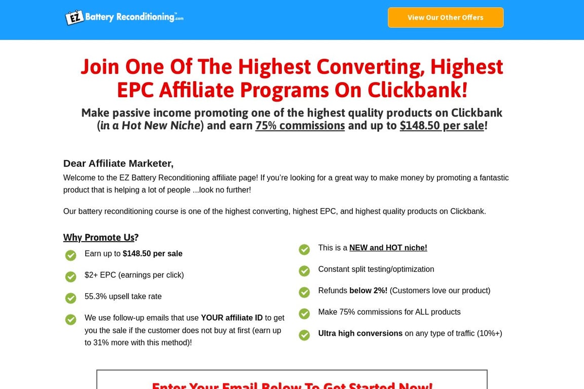 EZ Battery Reconditioning affiliate program signup page