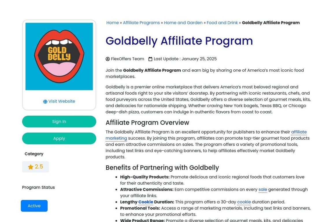 GoldBelly affiliate program signup page