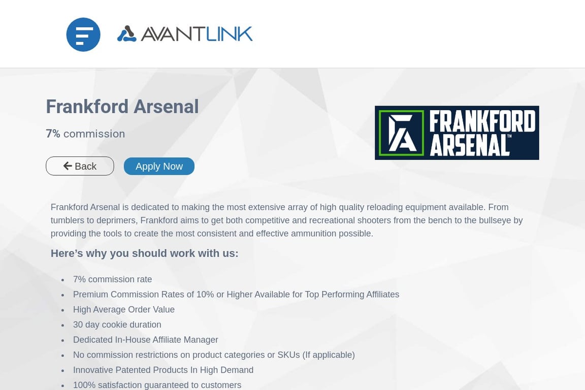 Frankford Arsenal affiliate program signup page