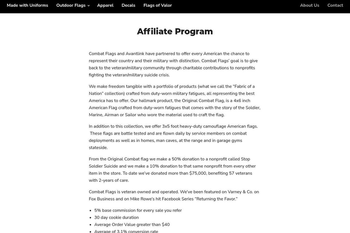 Combat Flags affiliate program signup page