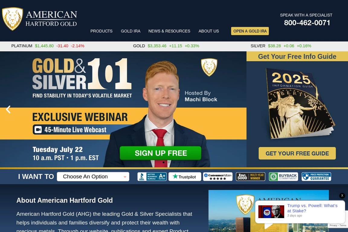 American Hartford Gold homepage