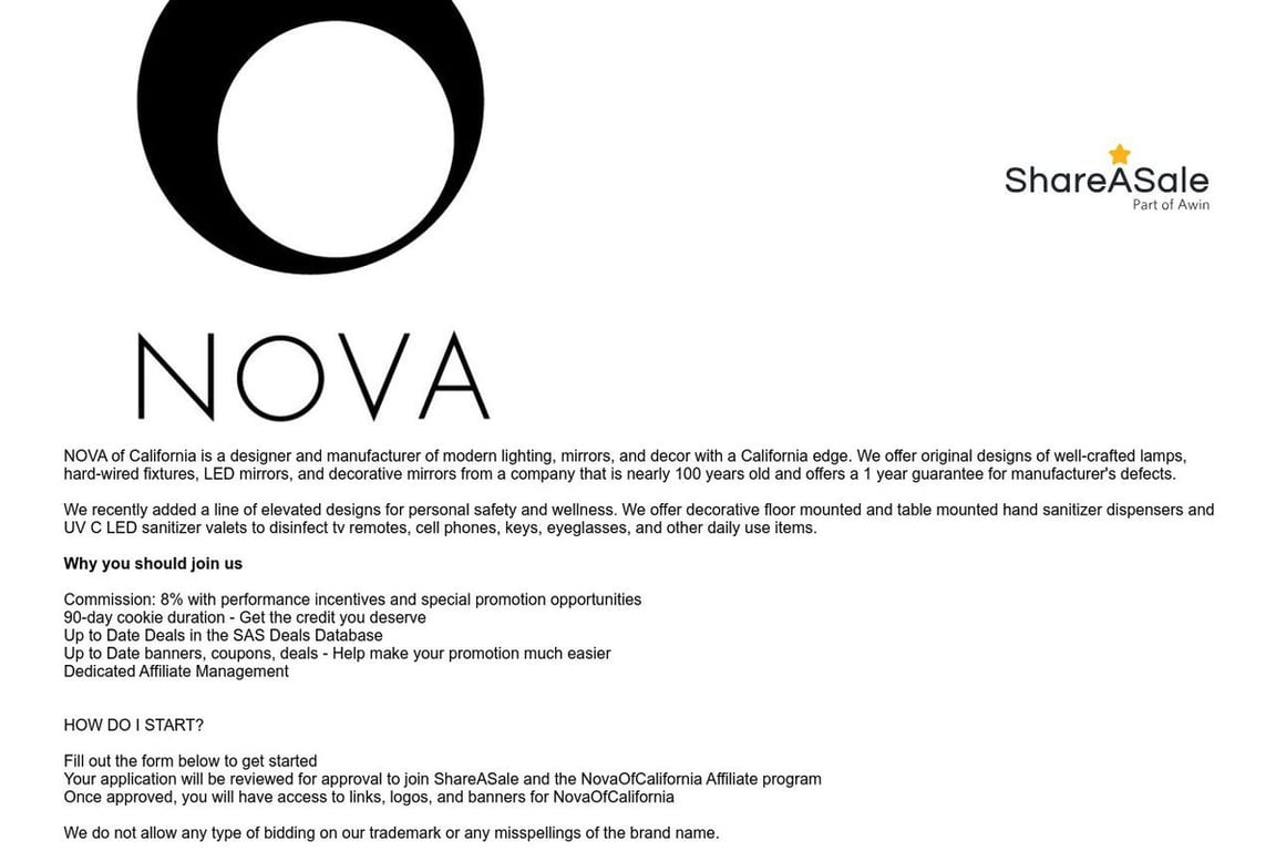 NOVA of California affiliate program signup page