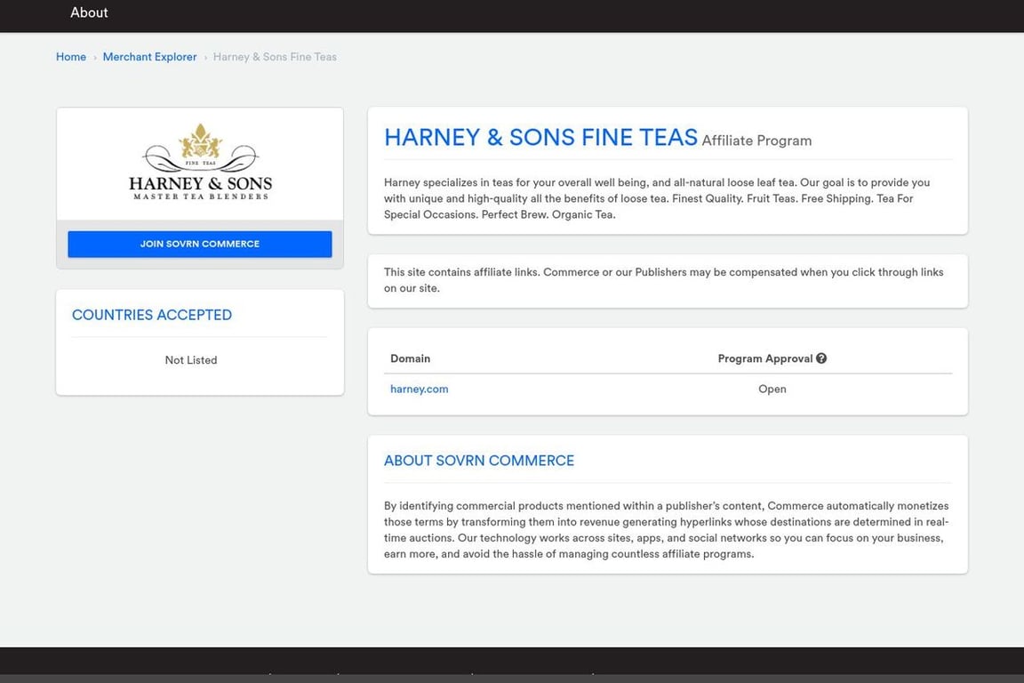 Harney & Sons affiliate program signup page