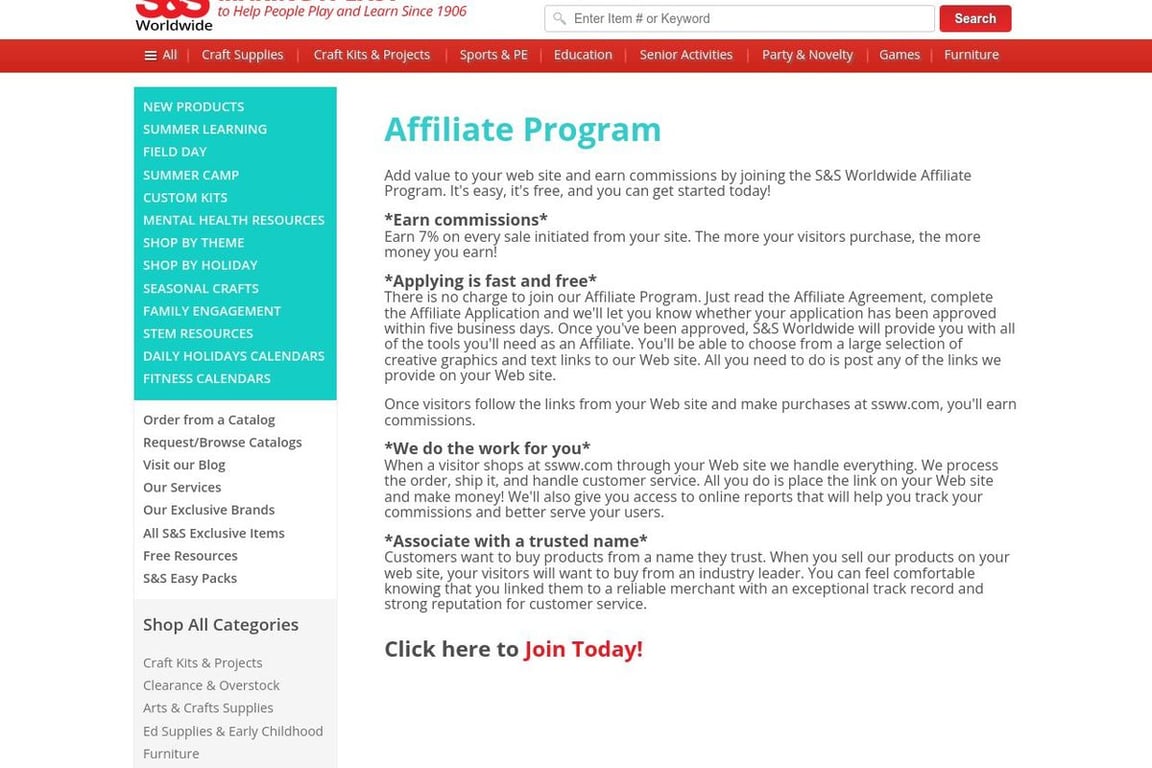 S&S Worldwide affiliate program signup page