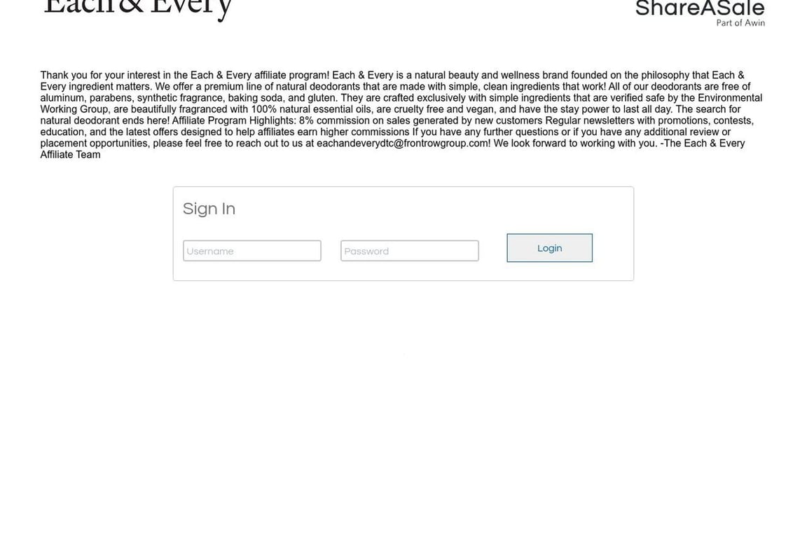 Each & Every affiliate program signup page