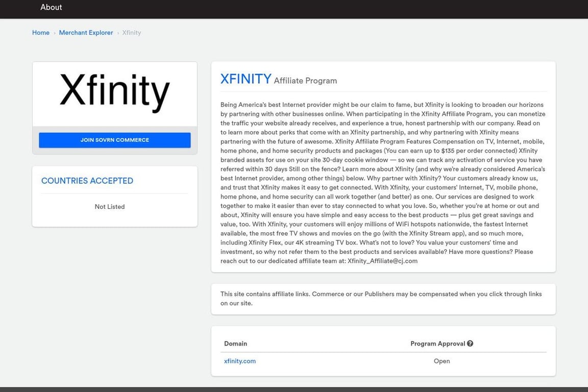 Xfinity affiliate program signup page