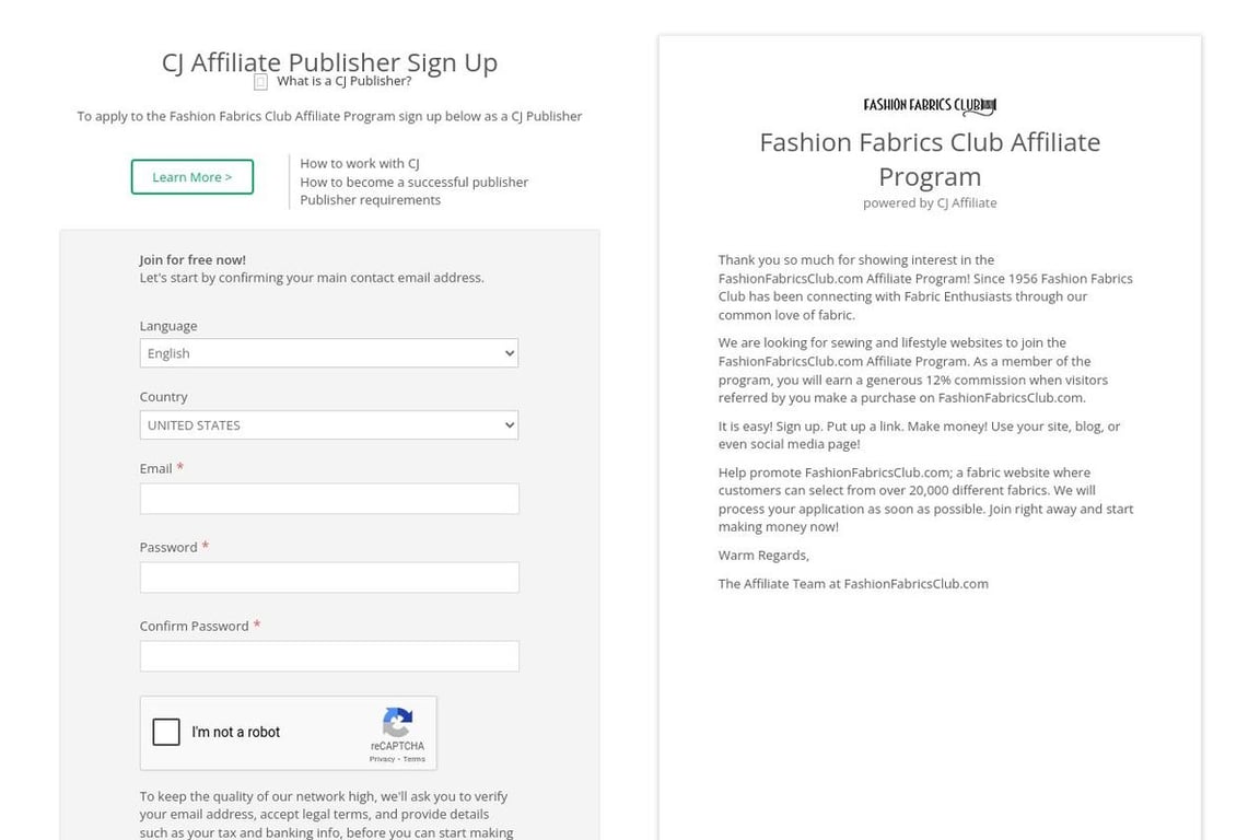 Fashion Fabrics Club affiliate program signup page
