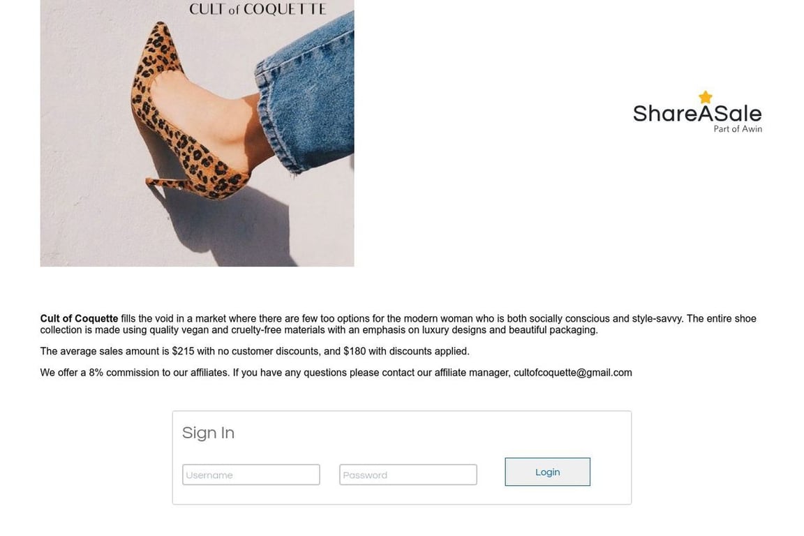 CULT OF COQUETTE affiliate program signup page