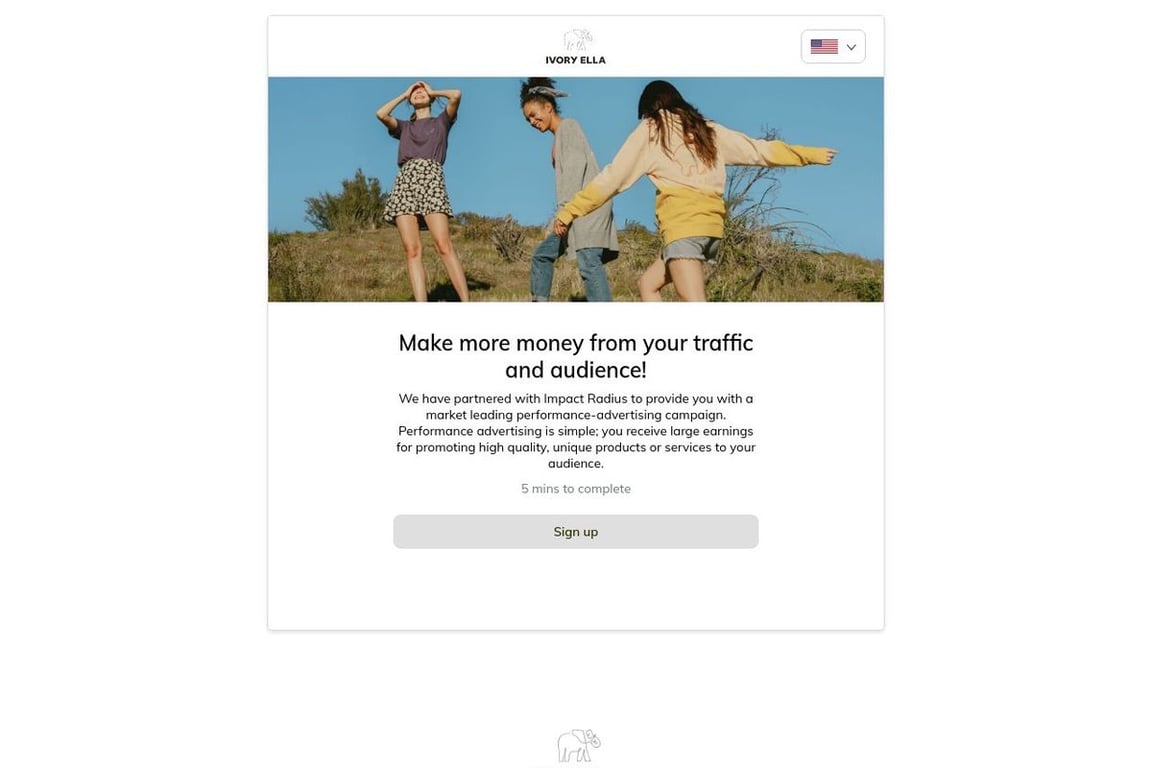 Ivory Ella affiliate program signup page