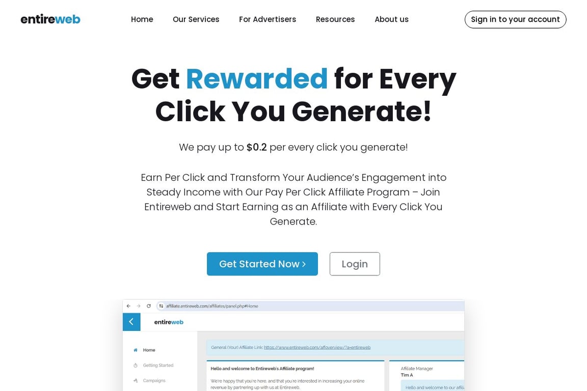 Entireweb affiliate program signup page