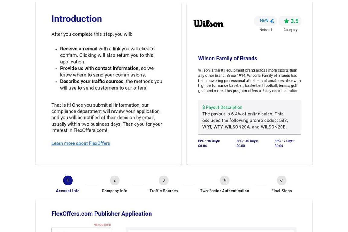 Wilson Family of Brands affiliate program signup page