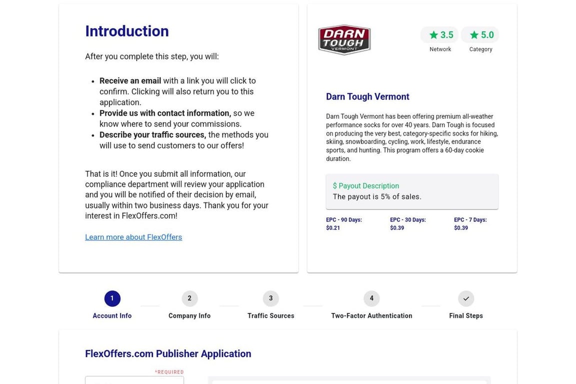 Darn Tough Vermont affiliate program signup page