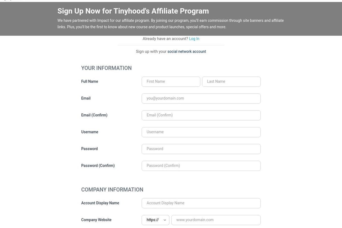 Tinyhood affiliate program signup page