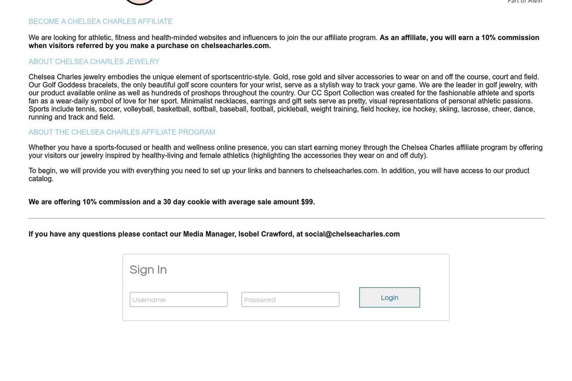 Chelsea Charles Jewelry affiliate program signup page