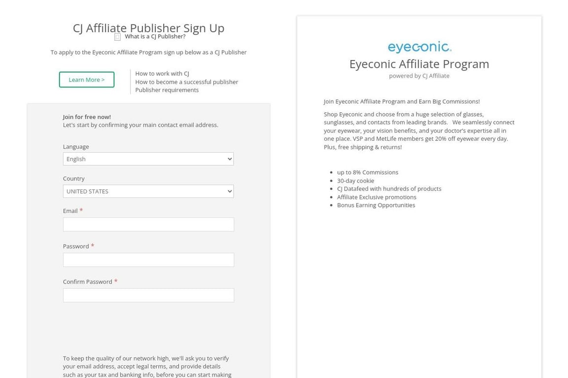 Eyeconic affiliate program signup page