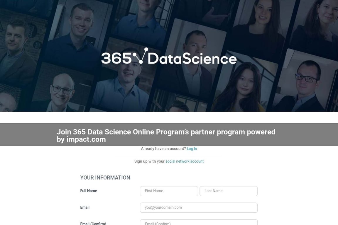 365 Data Science affiliate program signup page