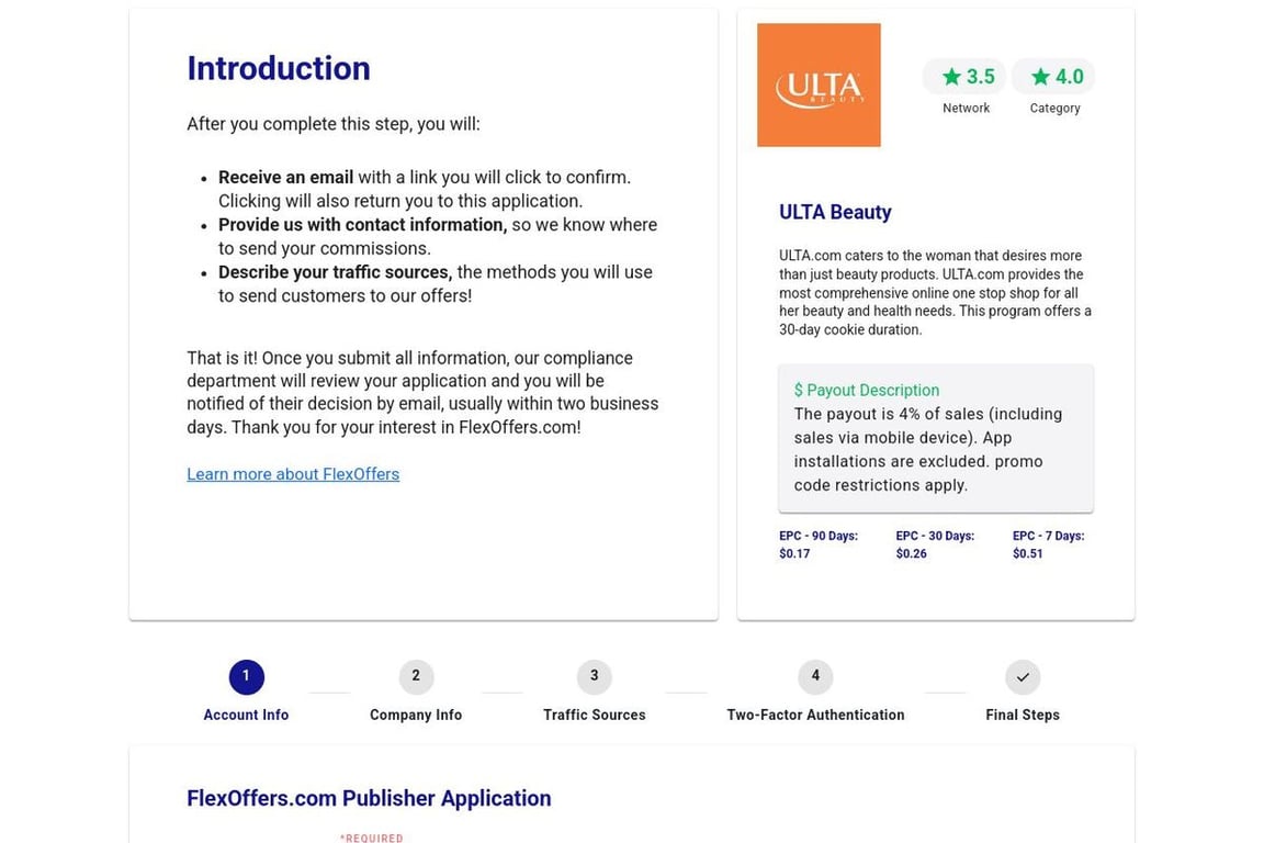 Ulta Beauty affiliate program signup page